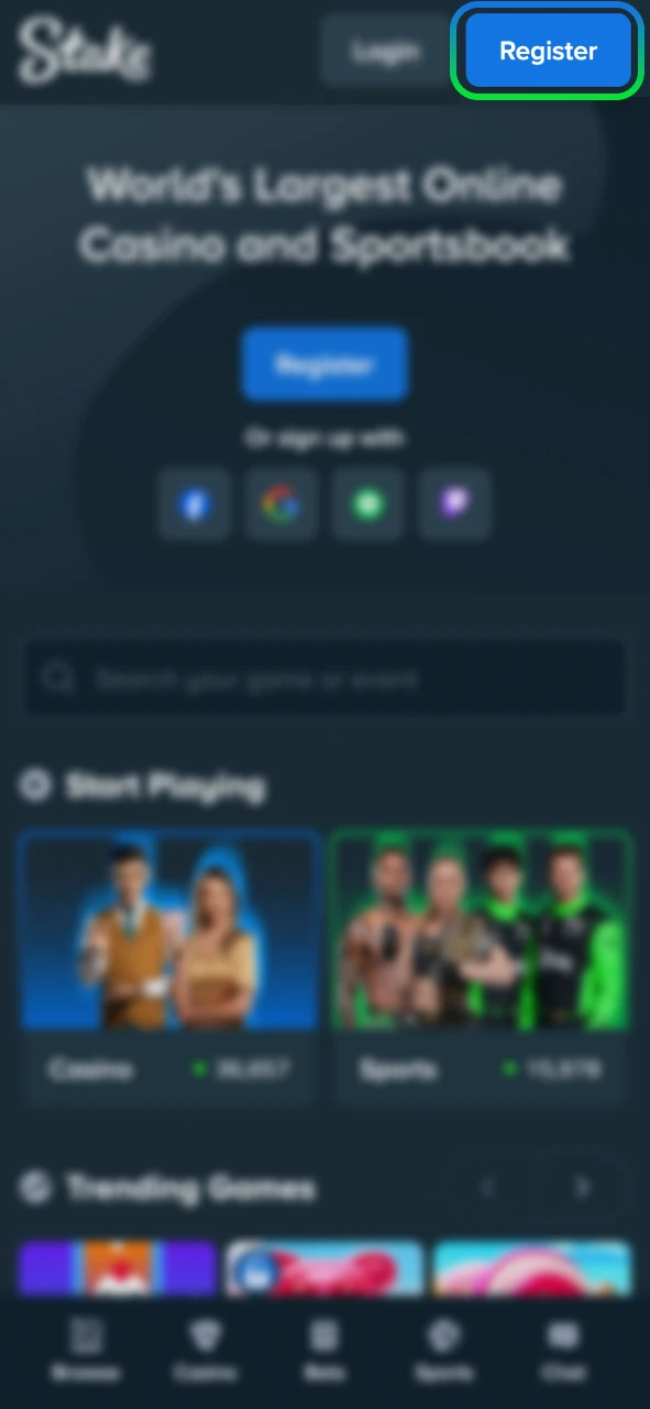 Register on Stake quickly by clicking the button.