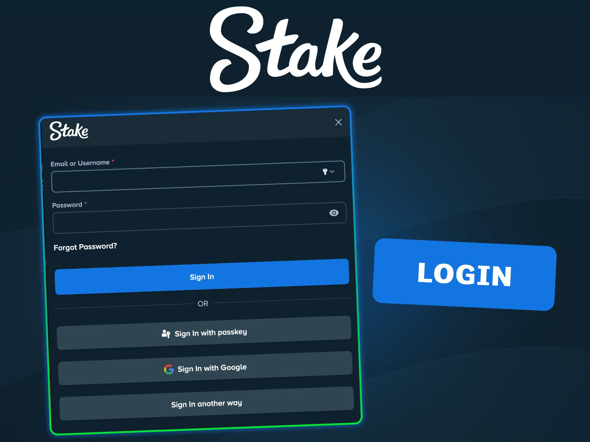 Enter email or username and password to sign in to Stake app.
