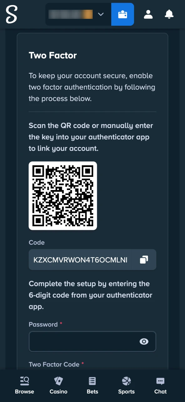 Complete the Stake security check using 2FA or email code.