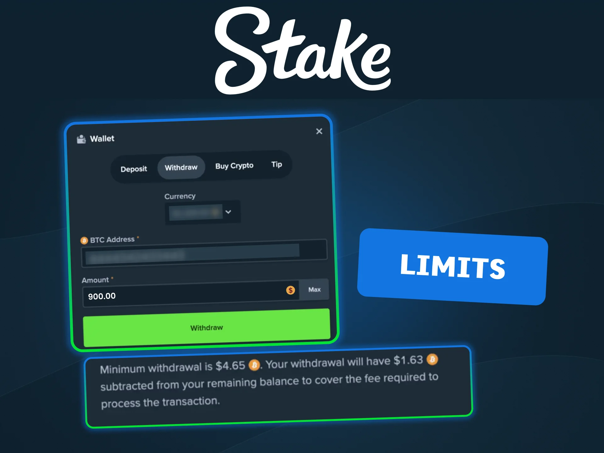 Stake shows minimum withdrawal limits by currency on the withdrawal screen.