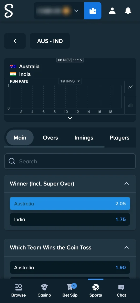 Select your favourite cricket match at Stake Casino and check live odds.