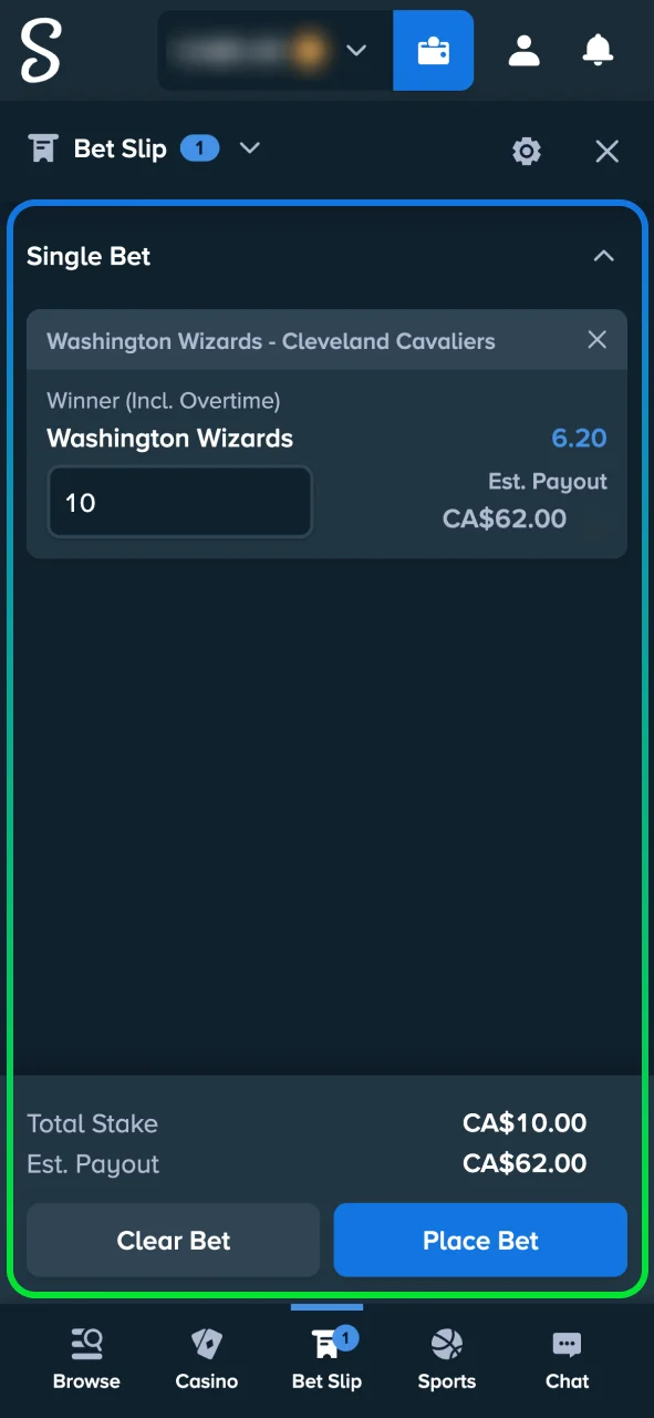 Place your basketball bet at Stake Casino, check the odds and confirm.