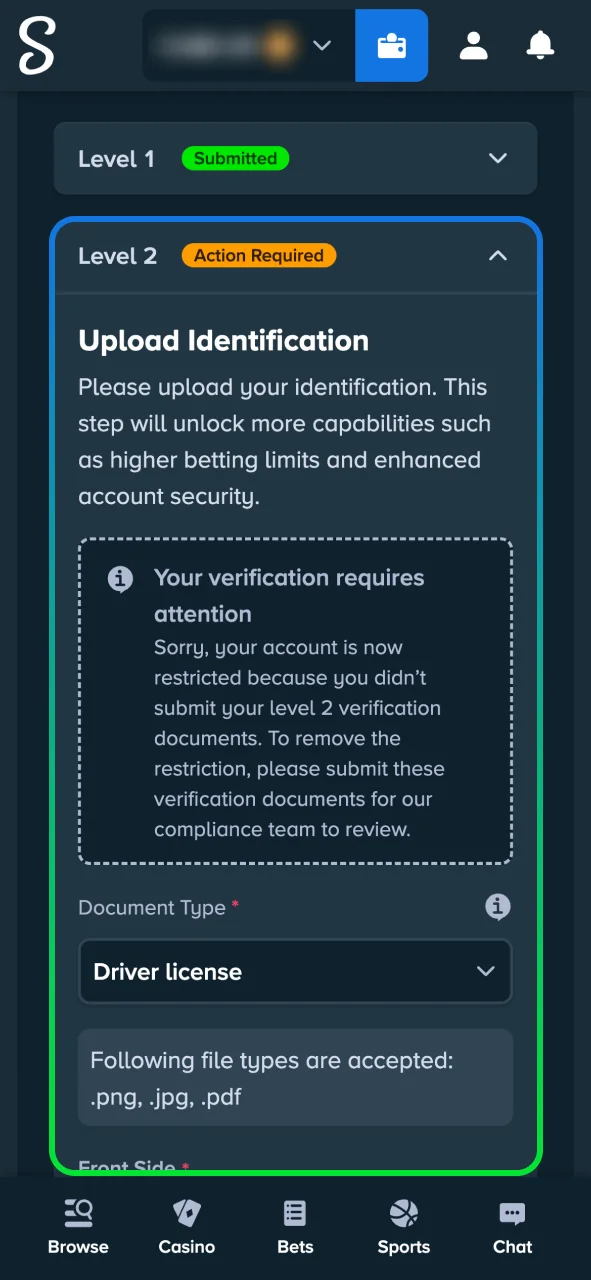 Verify your profile at Stake Casino, upload your ID and reach KYC Level 2.