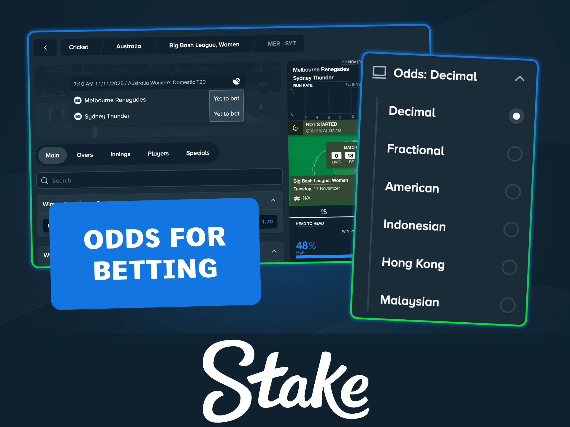 Check live cricket odds in multiple formats directly on Stake.
