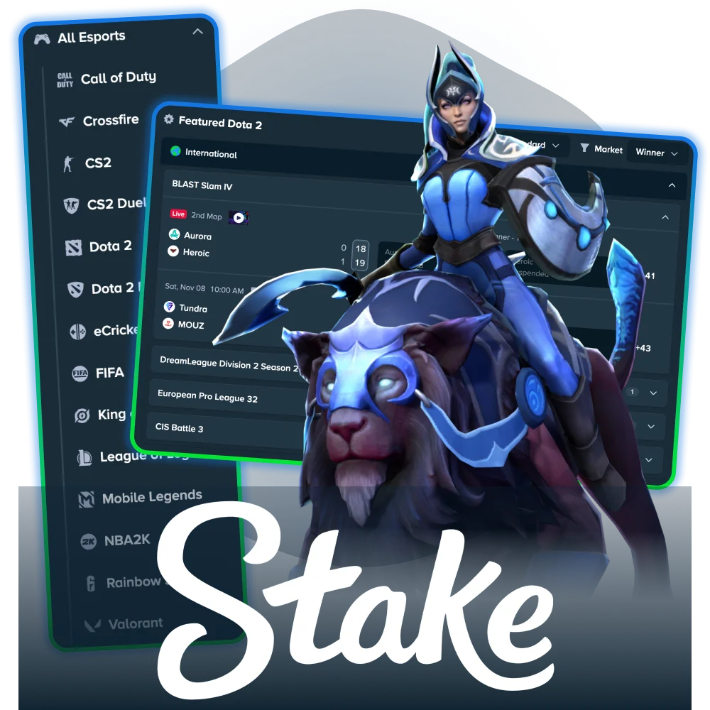 Bet on top esports like CS2, Dota 2, and LoL at Stake Casino in Canada.