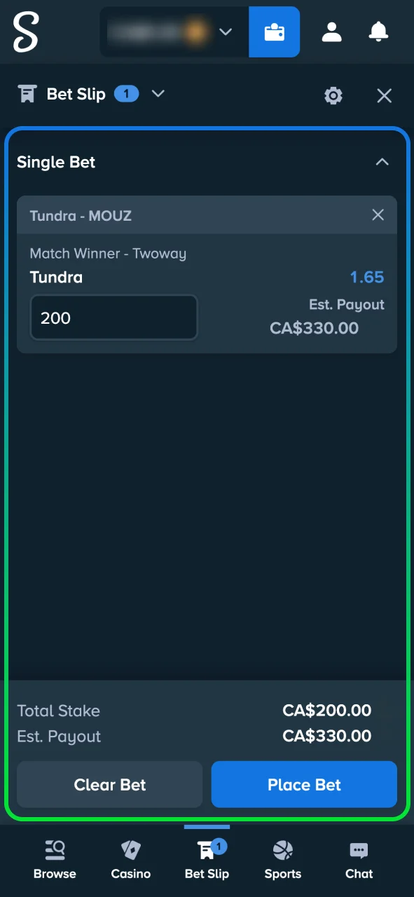 Enter your stake and confirm your esports bet at Stake Casino.