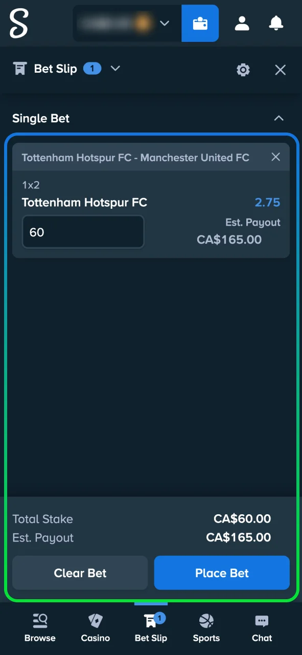 Place your bet at Stake Casino, check the odds and confirm instantly.