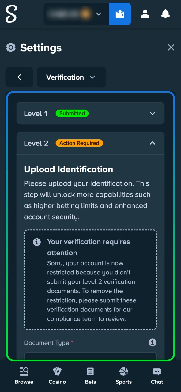Confirm your identity at Stake Casino, unlock deposits and bonuses.
