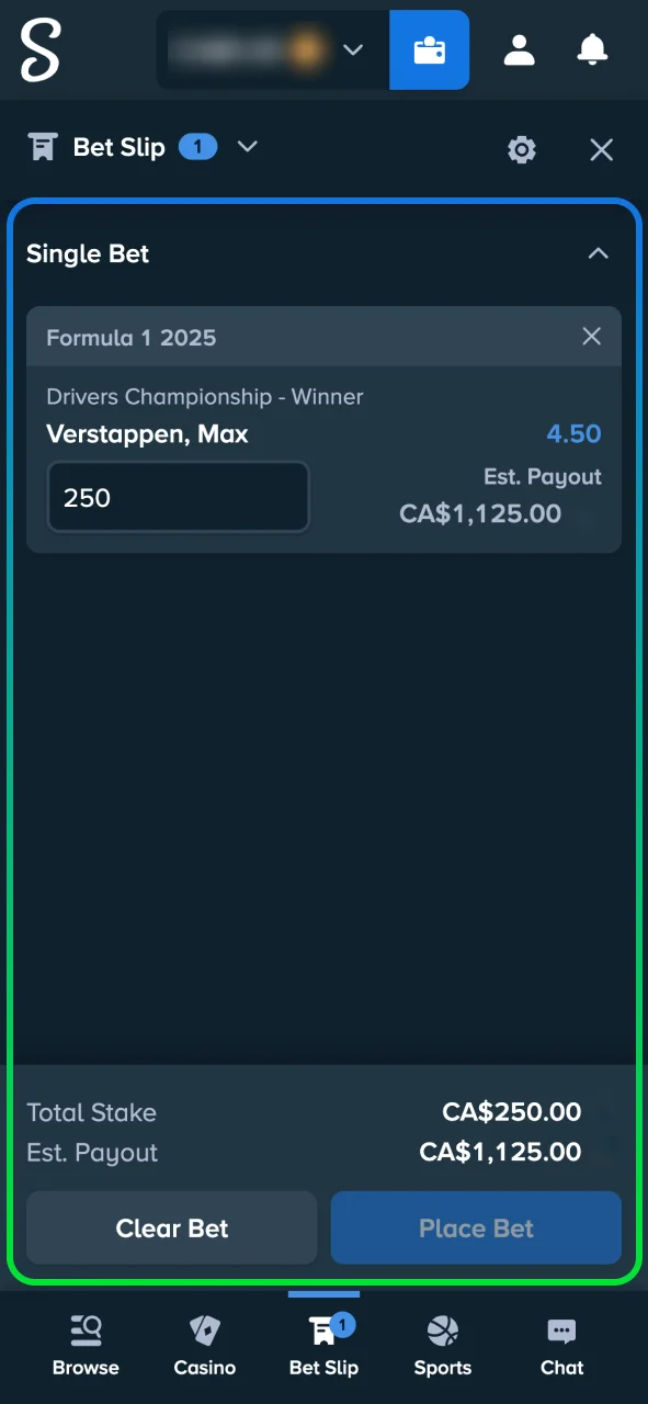 Confirm your wager at Stake and follow all your open Formula 1 bets live.