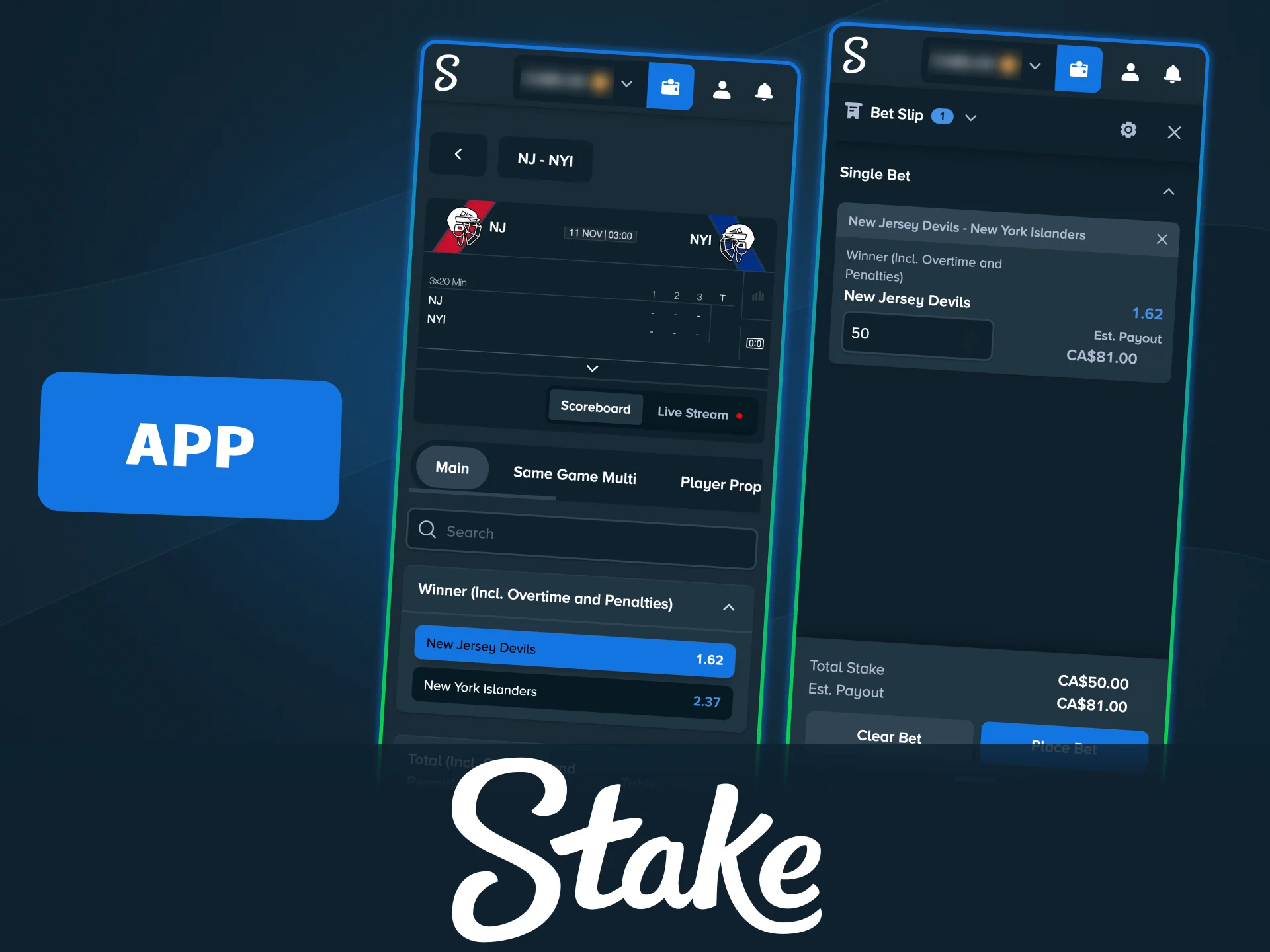 Open Stake in your browser and start betting on hockey instantly.