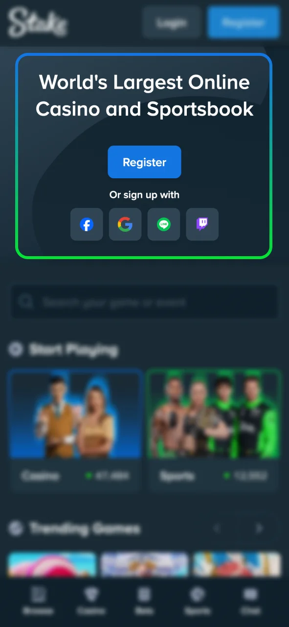 Join Stake Casino today, register in seconds and start betting.