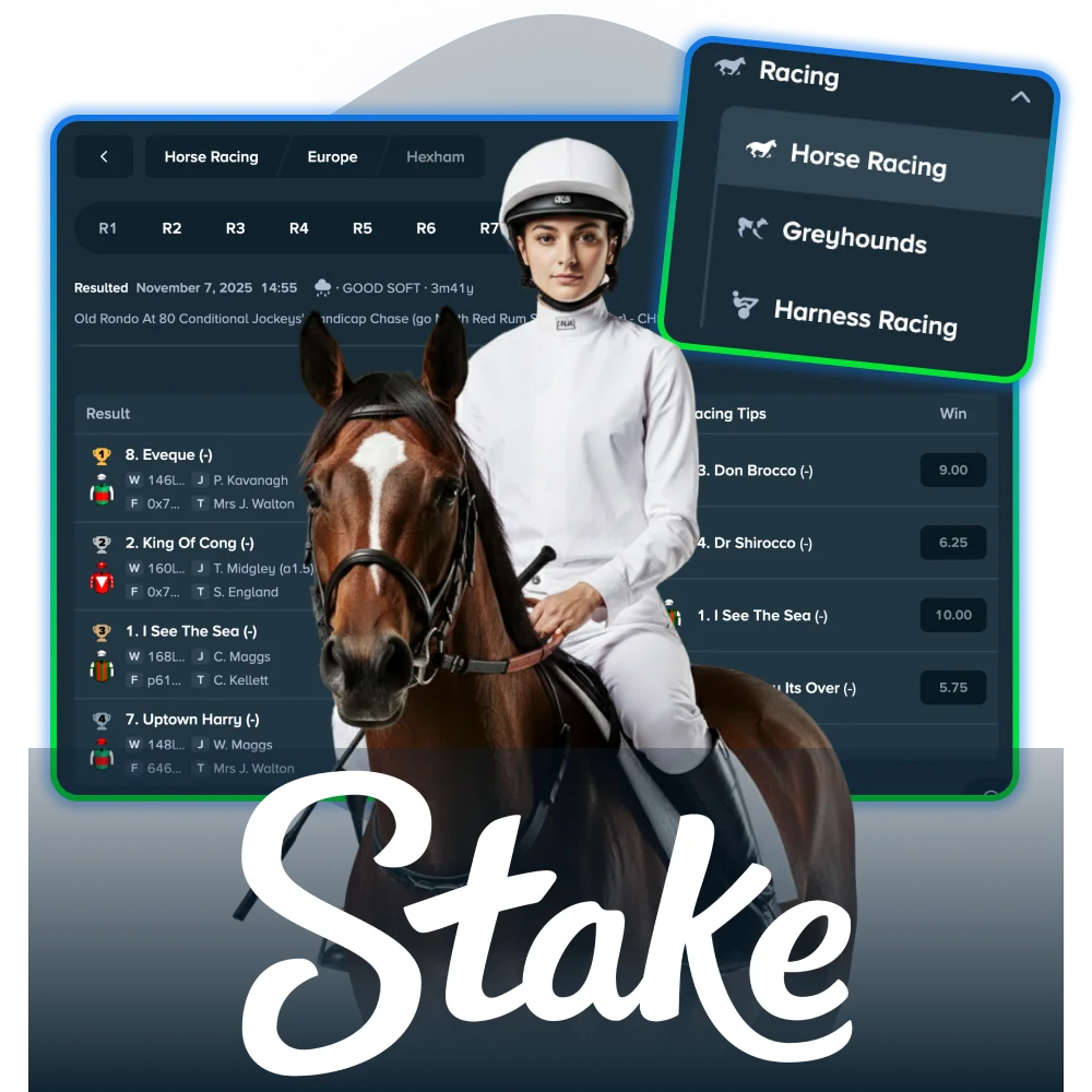 Bet on horse and greyhound races worldwide at Stake Casino in Canada.