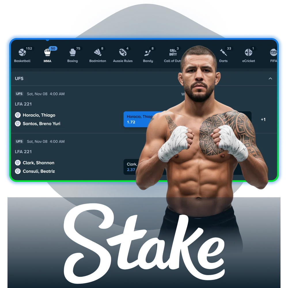 Join Stake Casino and bet on main events, prelims, and full UFC cards.