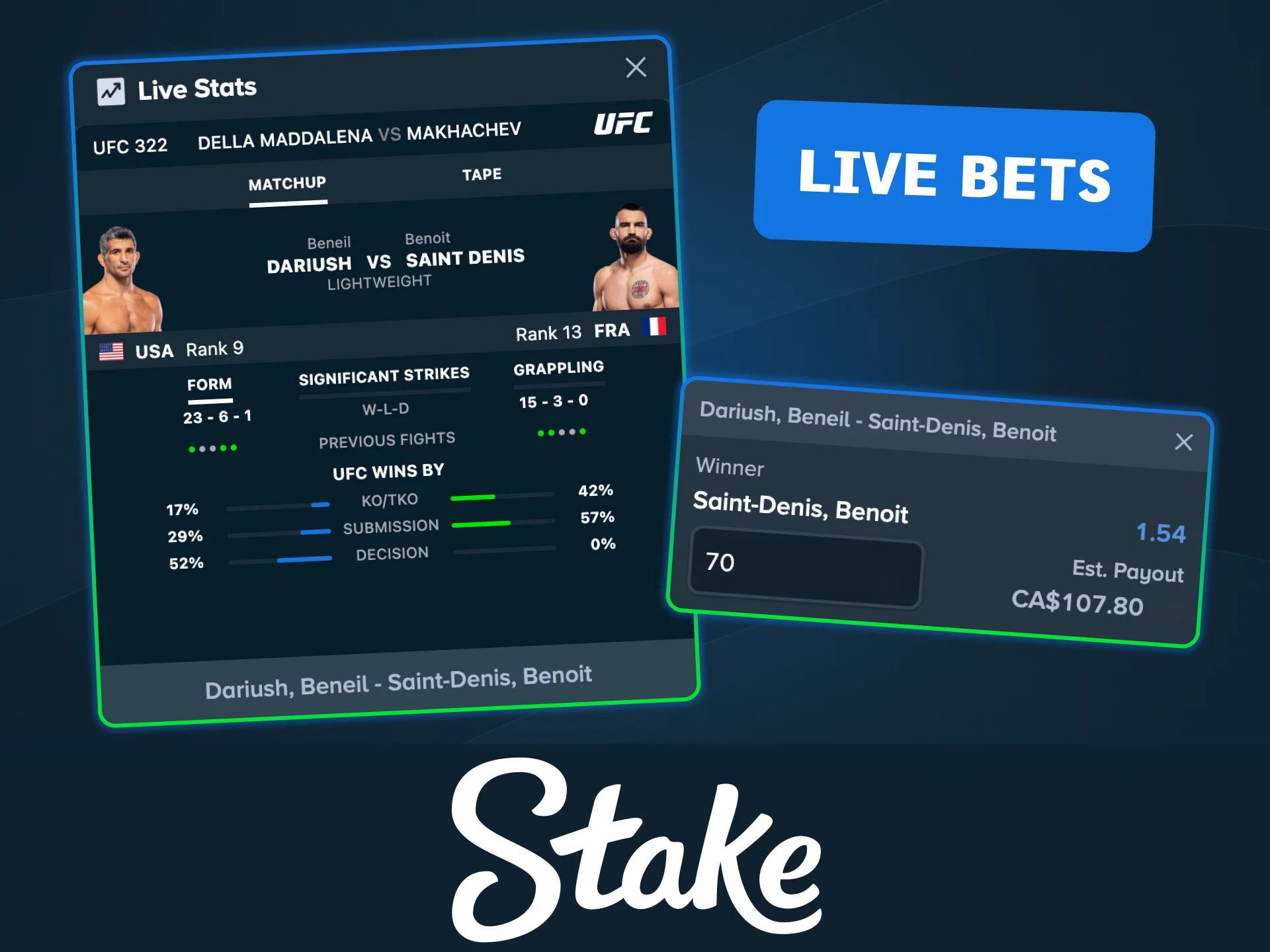 Join Stake to follow live UFC fights and changing odds.