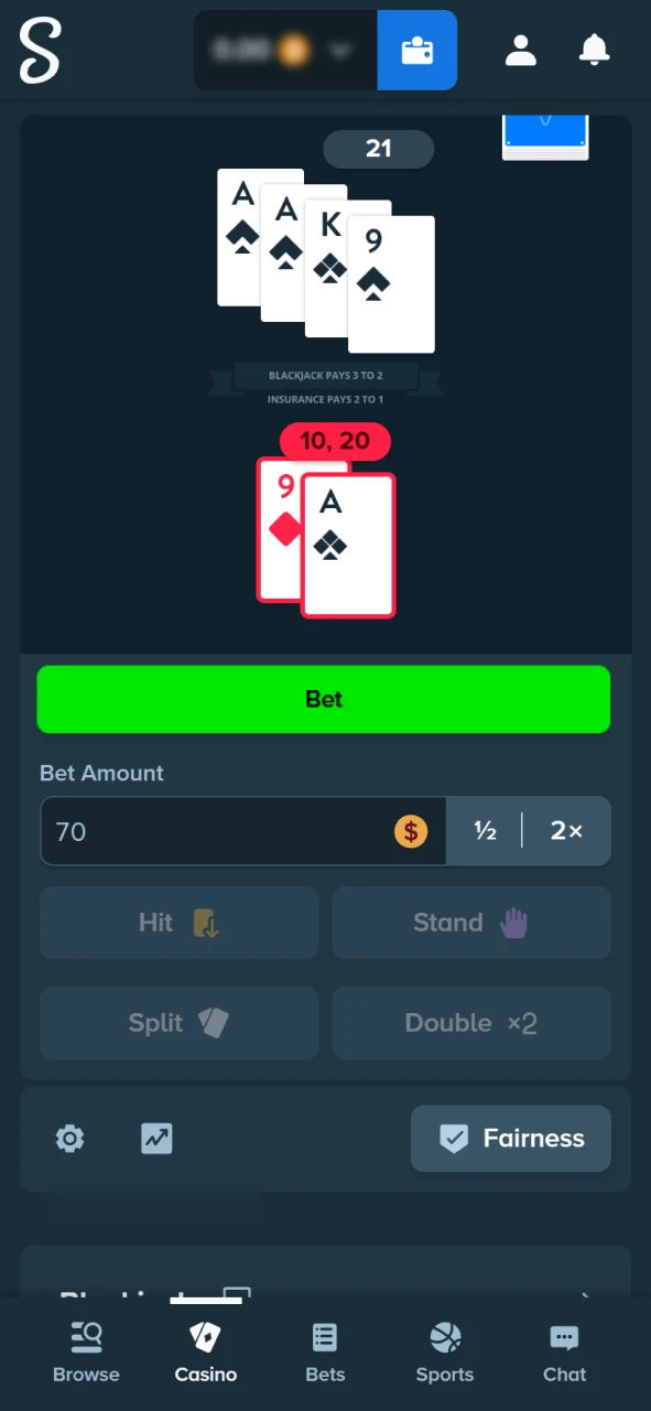 Play the Blackjack card game on the Stake official platform.