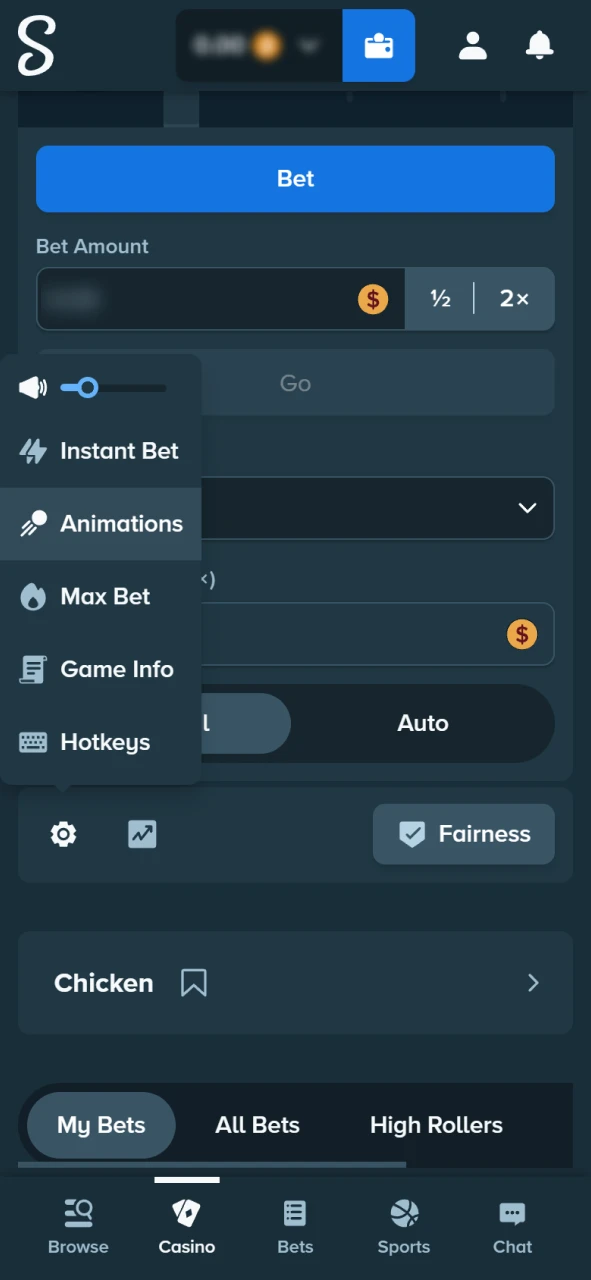 Adjust Chicken game settings on the Stake official gaming hub.