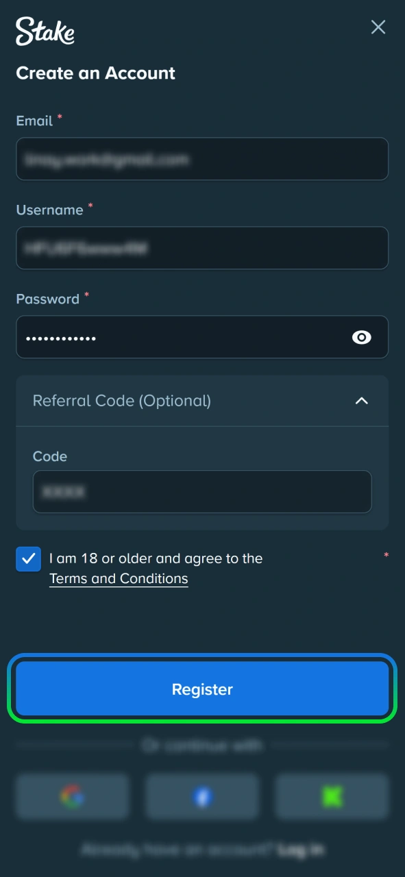 Agree to terms and complete your registration at official Stake.